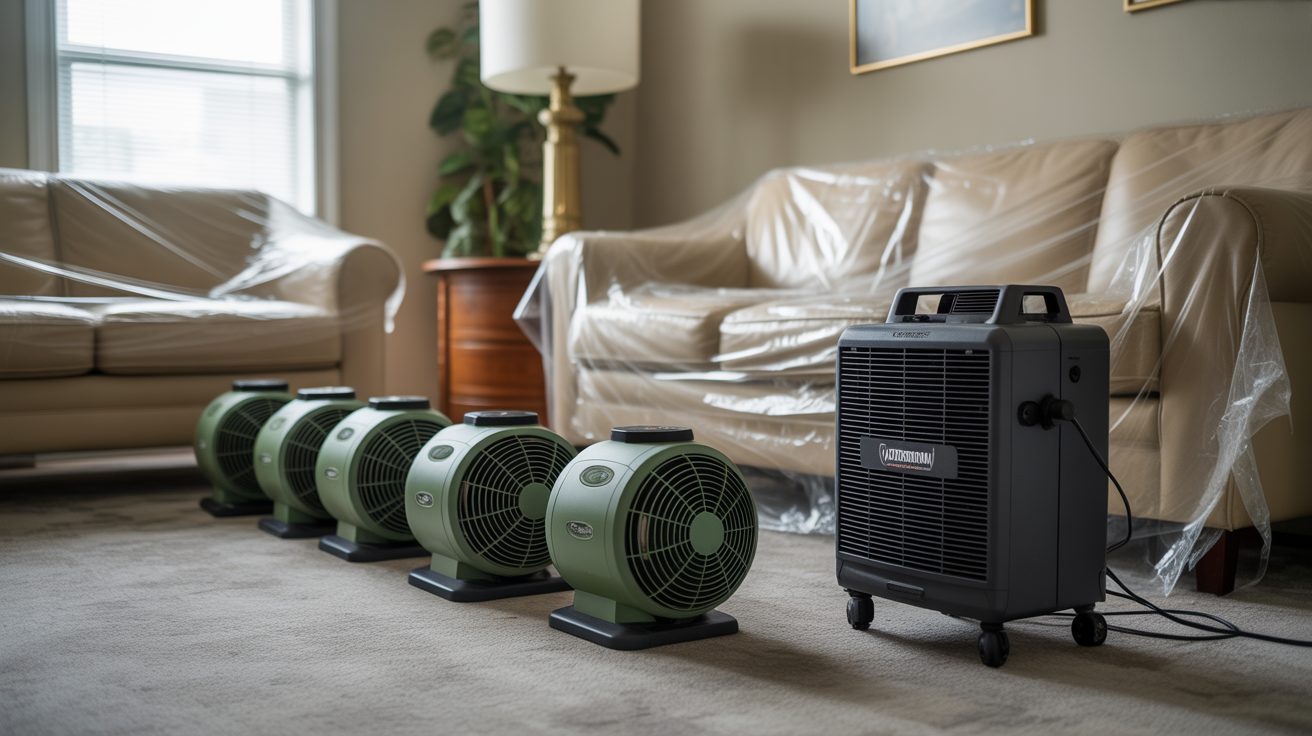 Commercial water damage equipment staged on a Auckland job