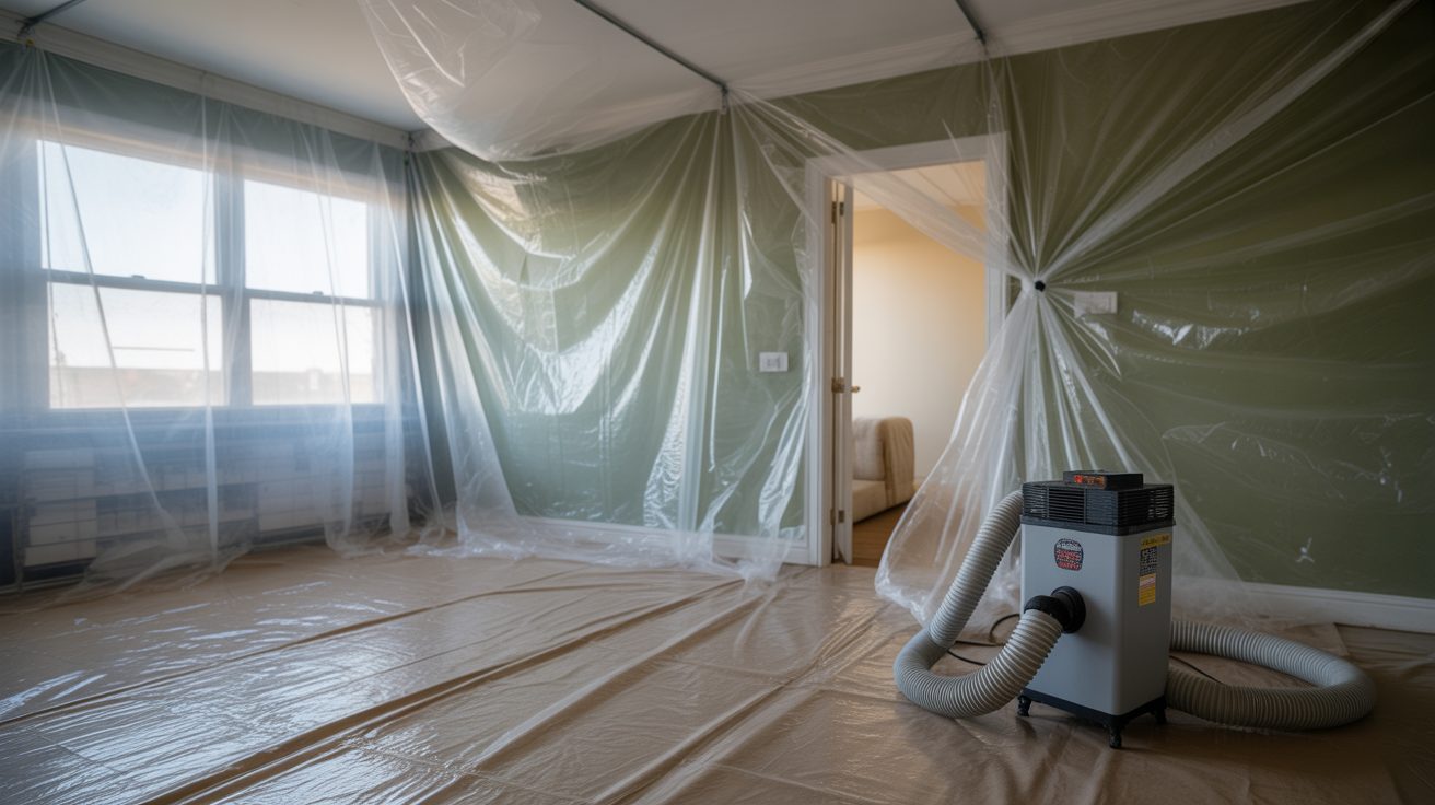 Containment sheeting and an air scrubber set up on a mould job in Auckland